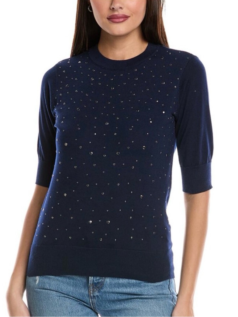 NEW Nanette Lepore Navy Short Sleeve Knit Sweater with Silver Stud Accents